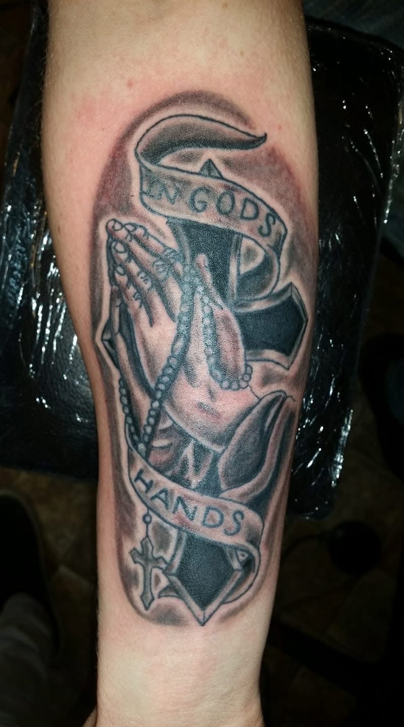 In Gods Hands praying hands with cross and rosary beads forearm tattoo