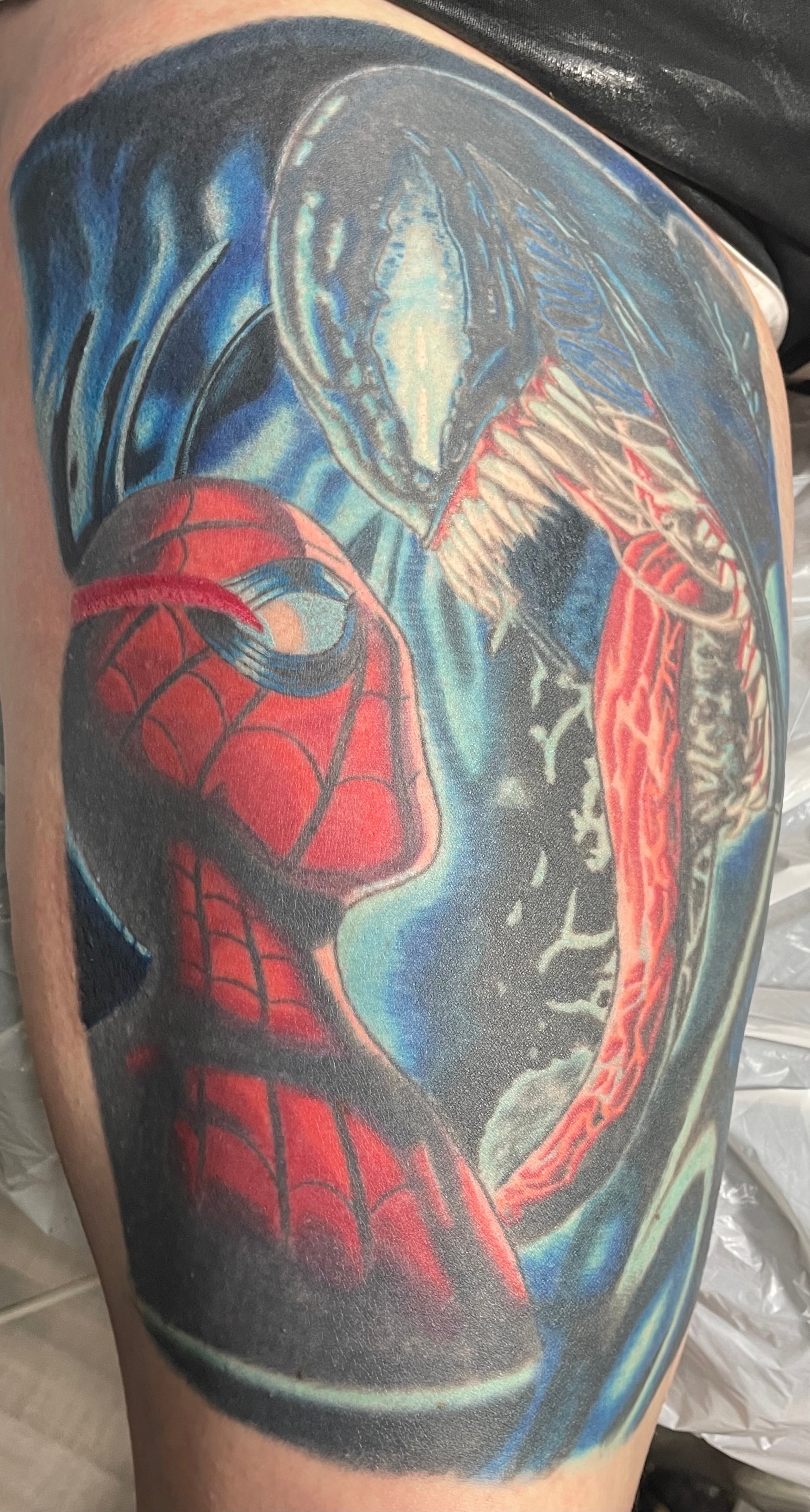 Randy DeShong Spider-Man and Grim Reaper tattoo