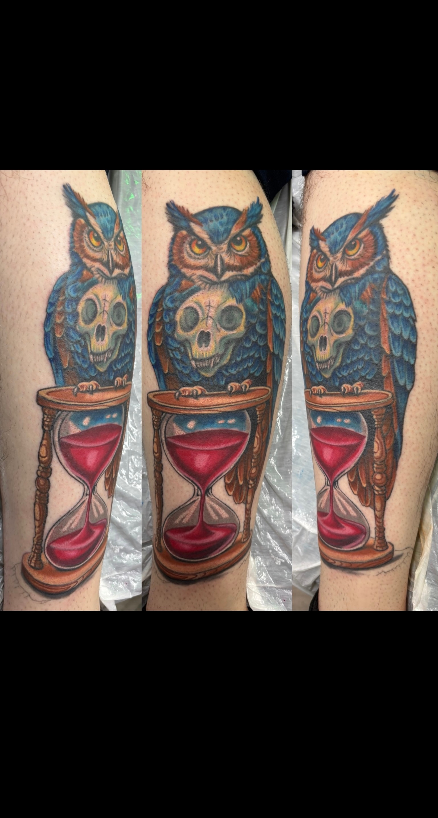 Randy DeShong owl and hourglass tattoo