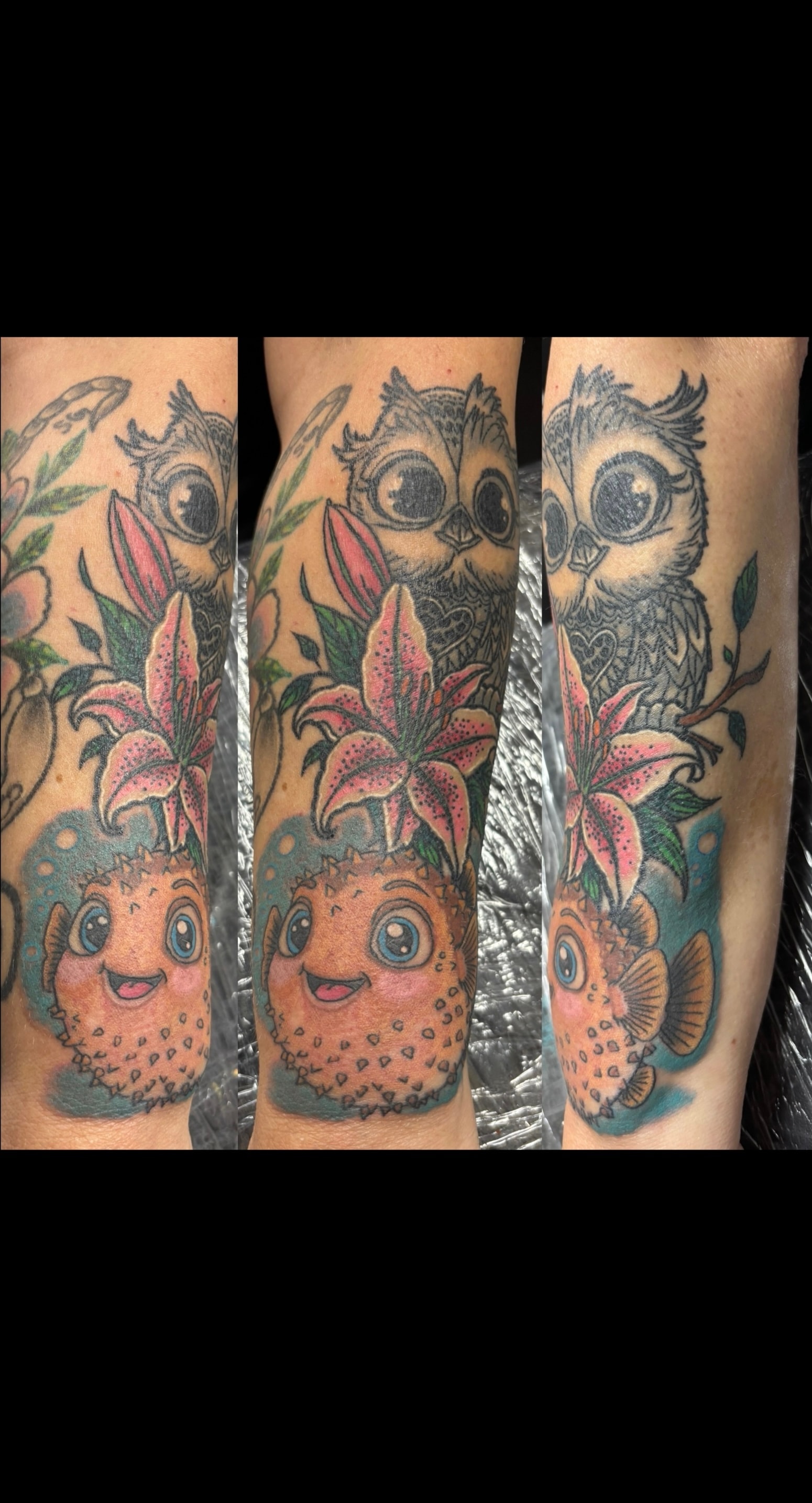 Randy DeShong owl lily and pufferfish arm tattoo