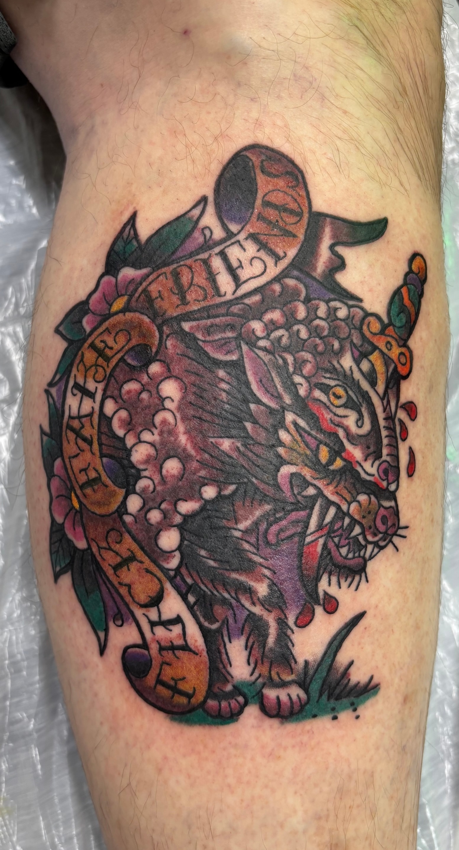 Randy DeShong Japanese wolf and kitsune mask chest tattoo