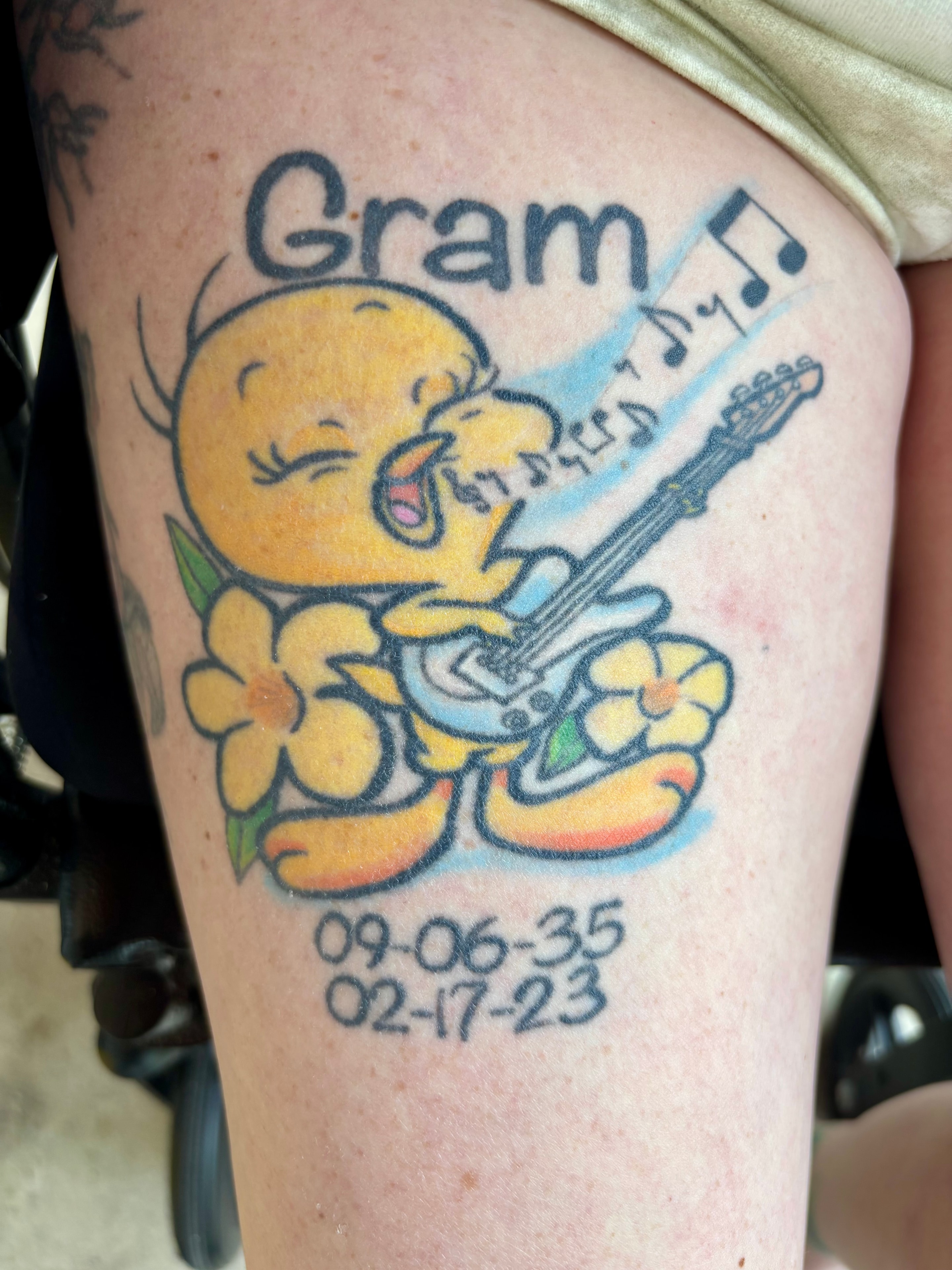 Randy DeShong tweety bird playing guitar Gram memorial tattoo