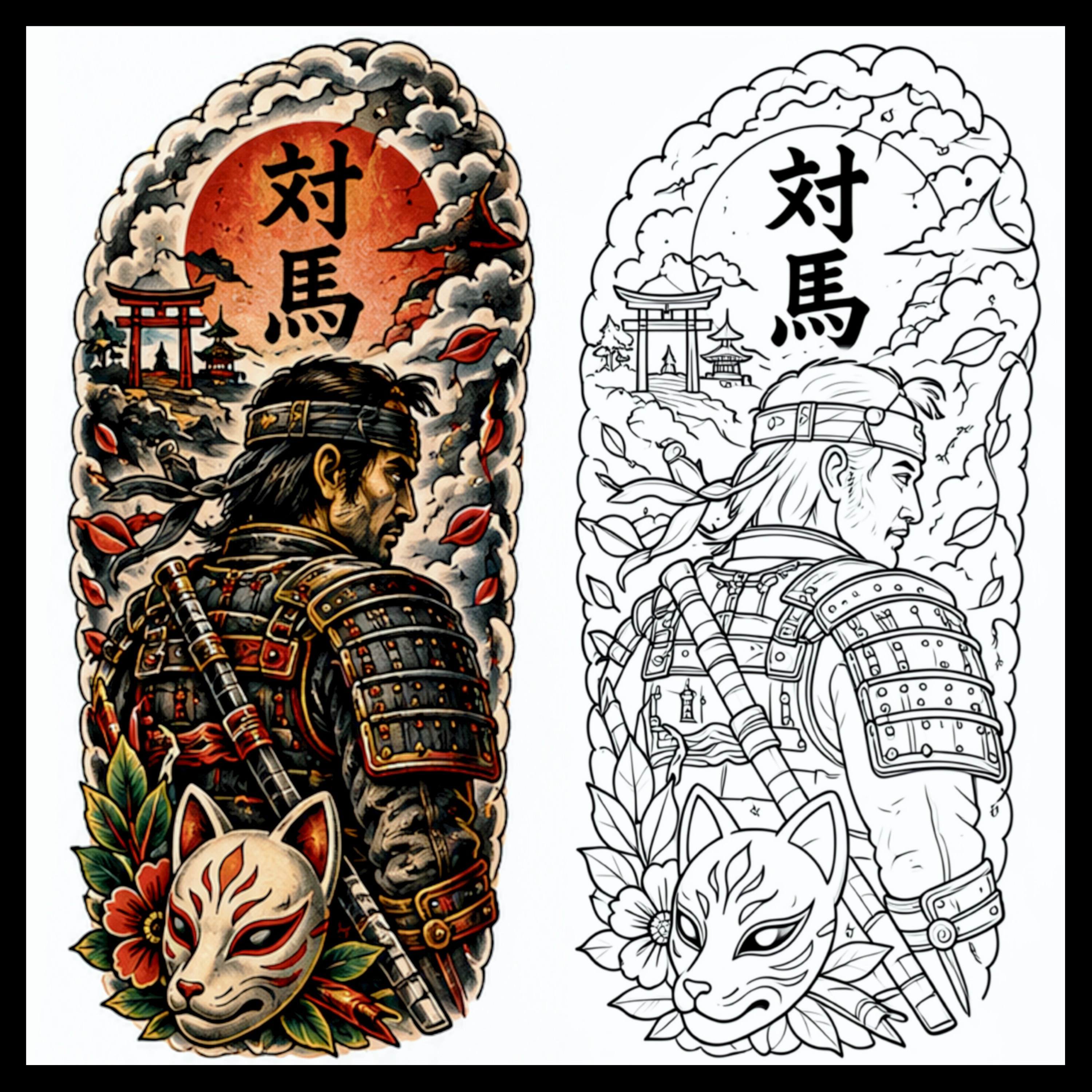 Ghost of Tsushima samurai with fox mask and torii gate tattoo design