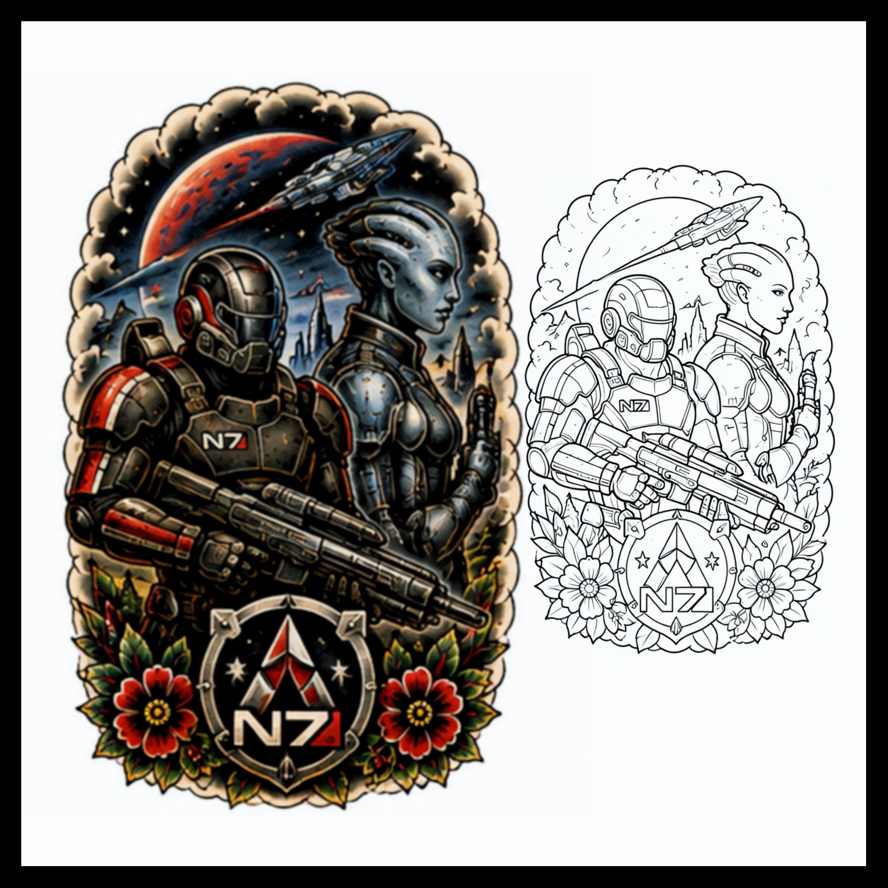 Mass Effect N7 Commander Shepard and Liara tattoo design