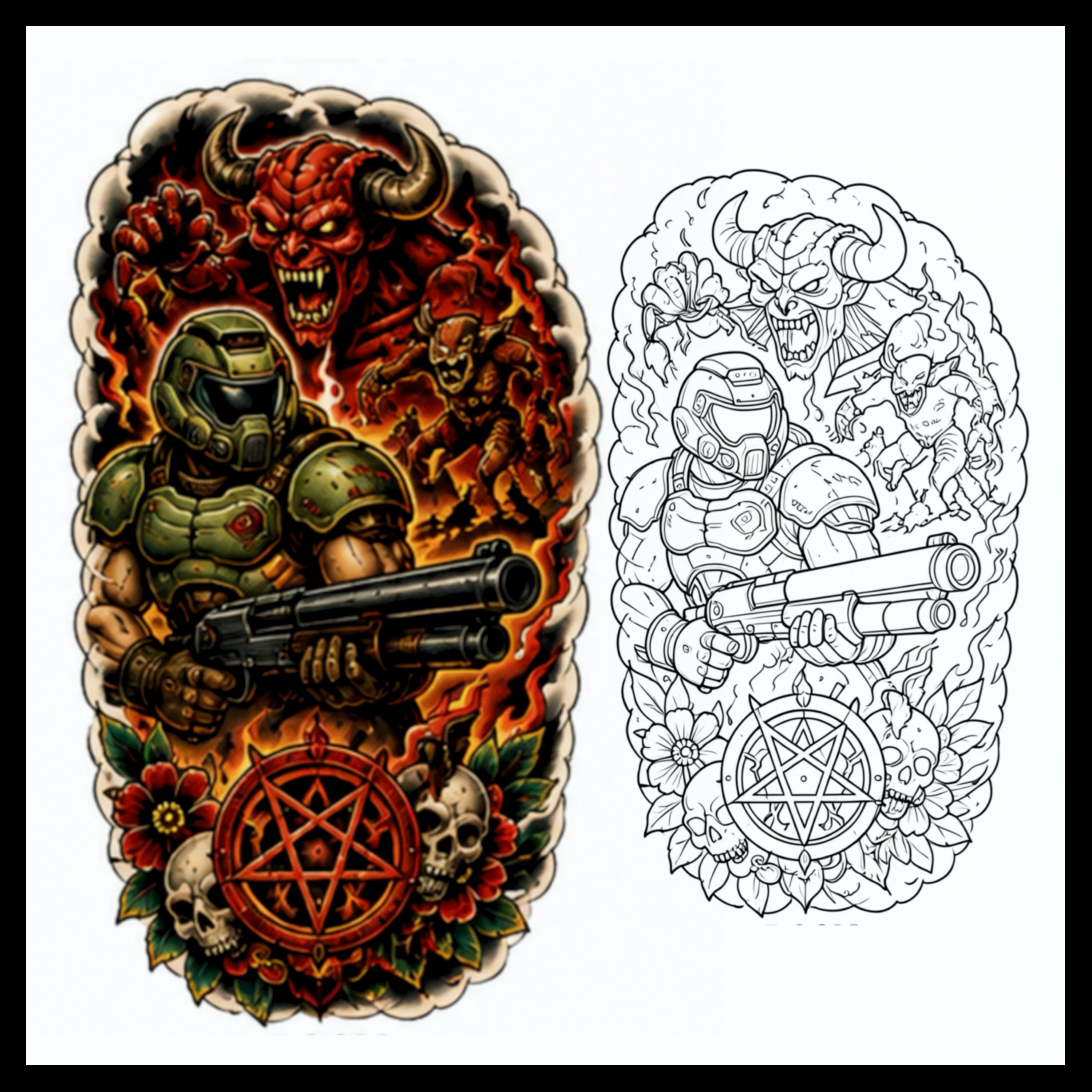 Doom Slayer with demons and pentagram tattoo design