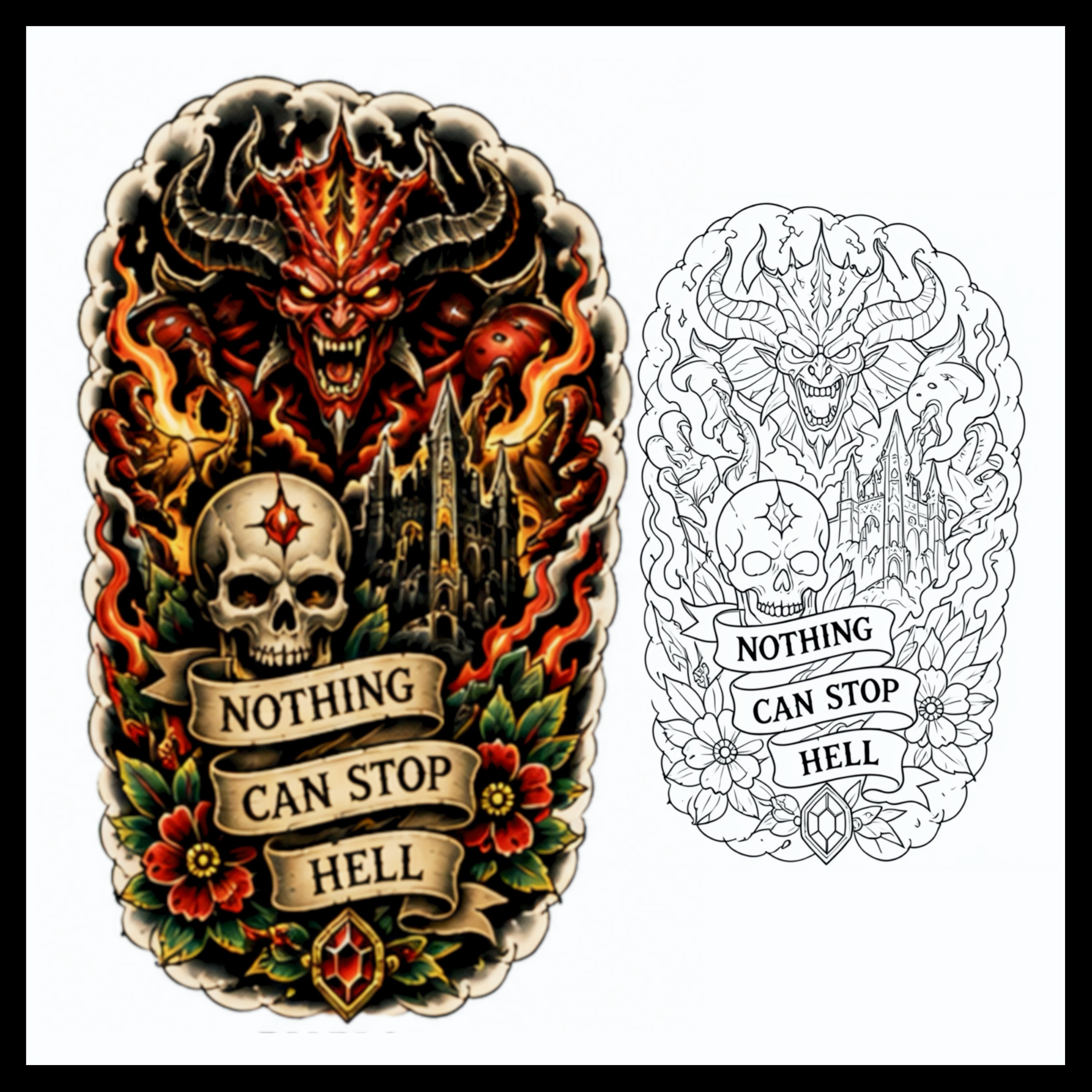 Nothing Can Stop Hell demon skull castle tattoo design