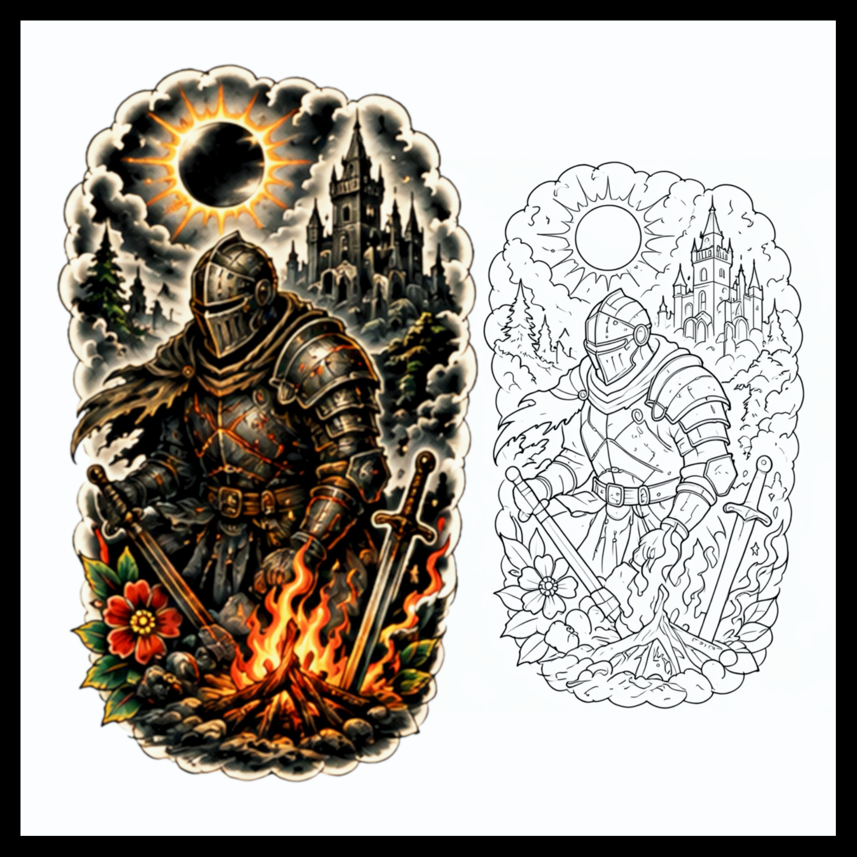 Dark Souls knight with bonfire and eclipse tattoo design